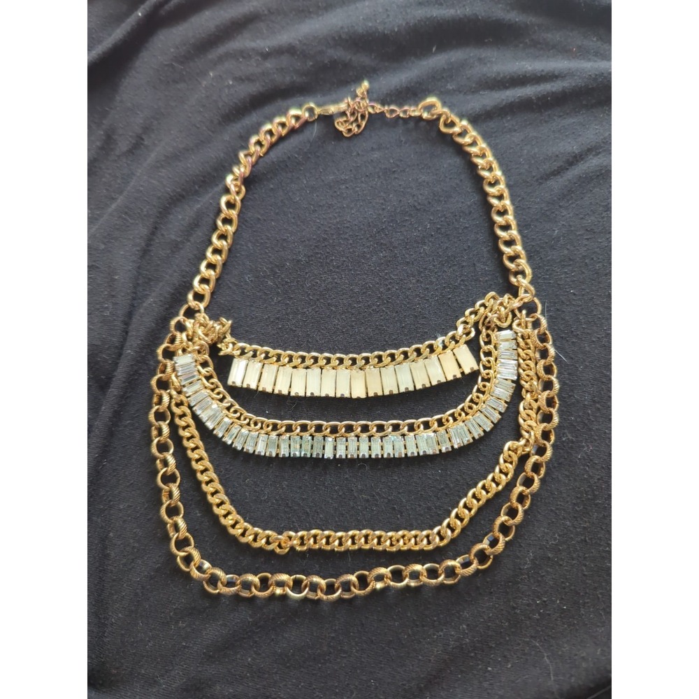 Vintage Gold Toned Multistrand Necklace with Peach‎ and Clear Rhinestones